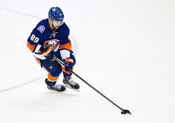 UNIONDALE, NY - OCTOBER 21: Cory Conacher #89 of the New York Islanders skates with the puck during a game against the Toronto Maple Leafs at Nassau Veterans Memorial Coliseum on October 21, 2014 in Uniondale, New York.  (Photo by Alex Goodlett/Getty Images)