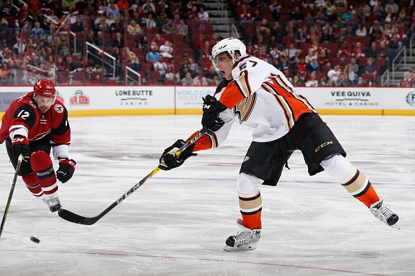 GLENDALE, AZ - MARCH 03:  David Perron #57 of the Anaheim Ducks shoots the puck against the Arizona Coyotes during the NHL game at Gila River Arena on March 3, 2016 in Glendale, Arizona. The Ducks defeated the Coyotes 5-1.  (Photo by Christian Petersen/Getty Images)