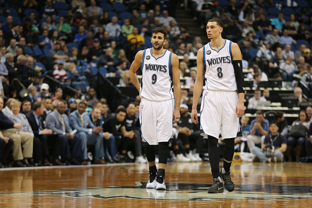 MINNEAPOLIS, MN - APRIL 13: Ricky Rubio #9 and Zach LaVine #8 of the Minnesota Timberwolves talk during a free throw in the second half against the New Orleans Pelicans on April 13, 2016 at Target Center in Minneapolis, Minnesota. (Photo by Adam Bettcher/Getty Images)