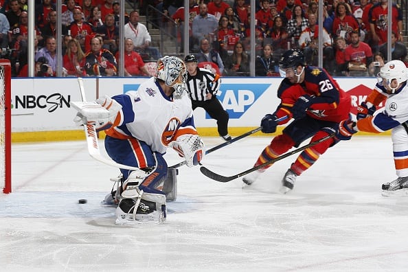 SUNRISE, FL - APRIL 14: Teddy Purcell #26 of the Florida Panthers scores a goal past goaltender Thomas Greiss #1 of the New York Islanders in the first period of Game One of the Eastern Conference Quarterfinals during the NHL 2016 Stanley Cup Playoffs at the BB&T Center on April 14, 2016 in Sunrise, Florida. (Photo by Joel Auerbach/Getty Images)