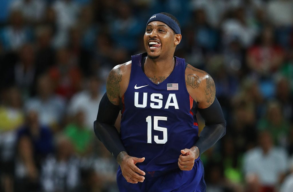 RIO DE JANEIRO, BRAZIL - AUGUST 21: Carmelo Anthony #15 of United States reacts after a shot against Serbia during the Men's Gold medal game on Day 16 of the Rio 2016 Olympic Games at Carioca Arena 1 on August 21, 2016 in Rio de Janeiro, Brazil. (Photo by Elsa/Getty Images)